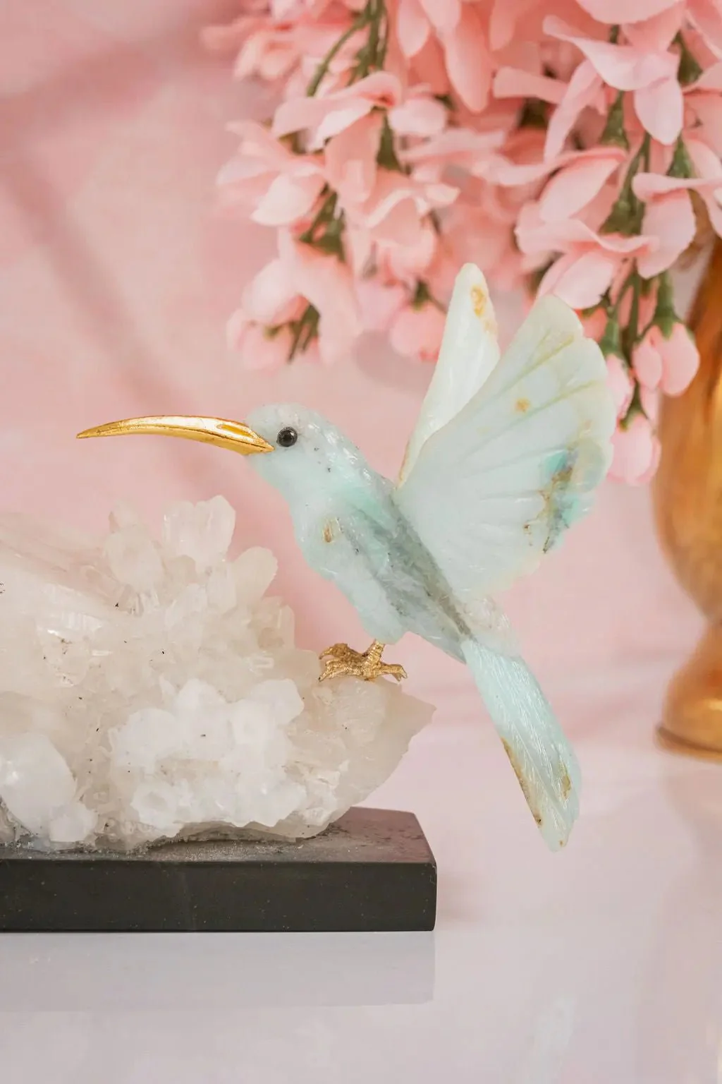 Harmony in Flight: Andean Blue Opal Hummingbird Sculpture on Quartz Base - Image 4