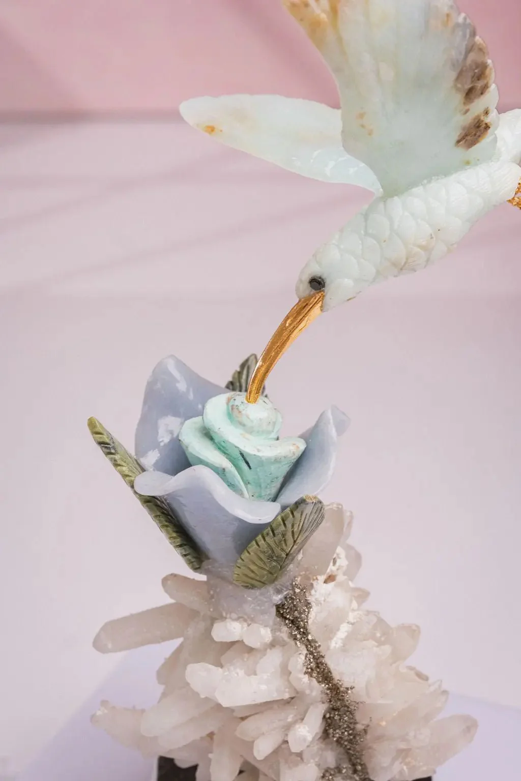 "Celestial Bloom" - Blue Andean Opal Hummingbird Sculpture on Quartz/ Pyrite Base - Image 3
