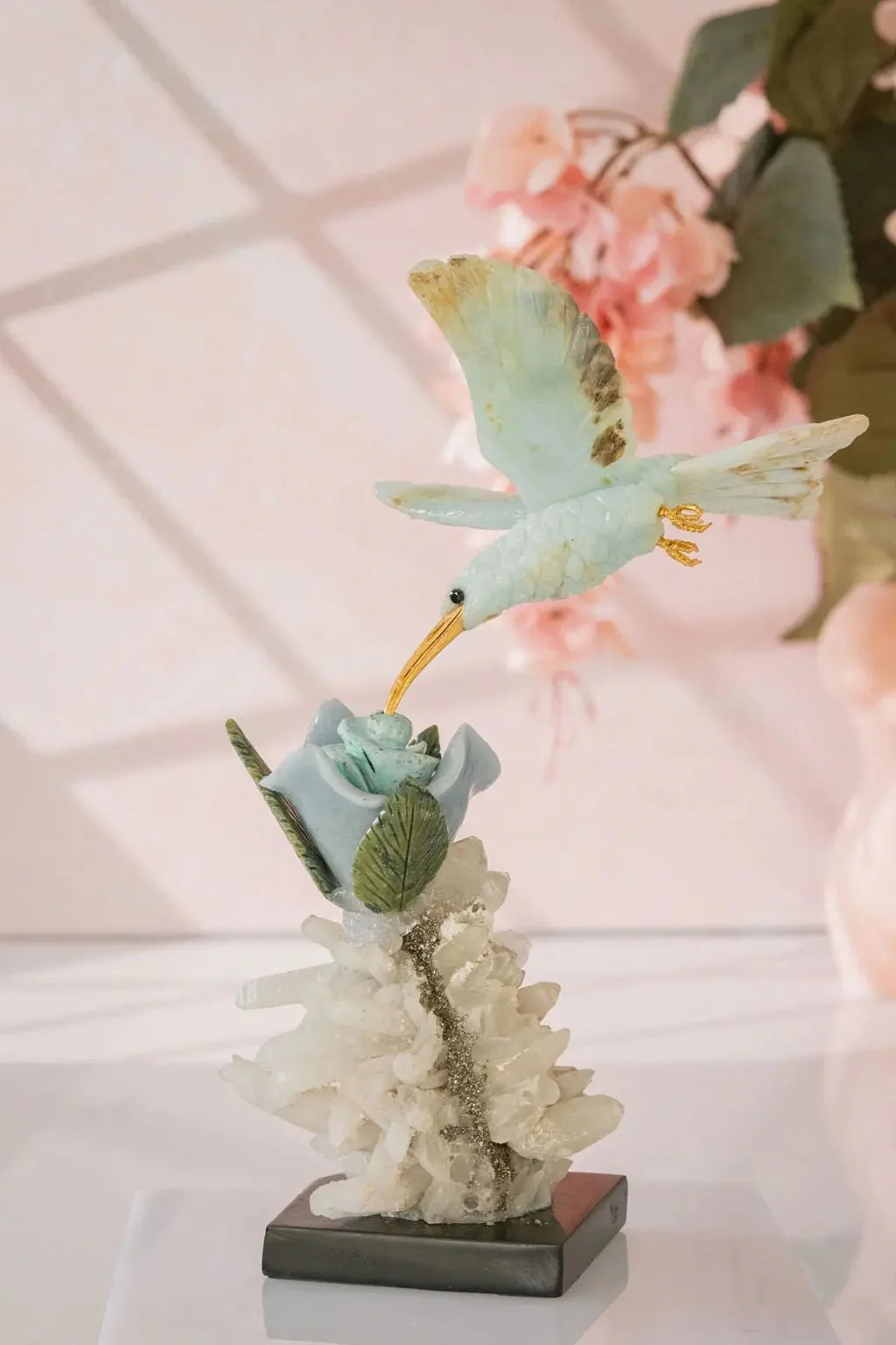 "Celestial Bloom" - Blue Andean Opal Hummingbird Sculpture on Quartz/ Pyrite Base - Image 4