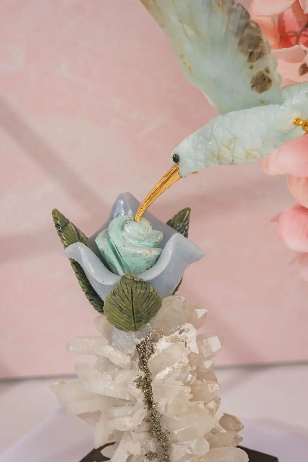 "Celestial Bloom" - Blue Andean Opal Hummingbird Sculpture on Quartz/ Pyrite Base - Image 6