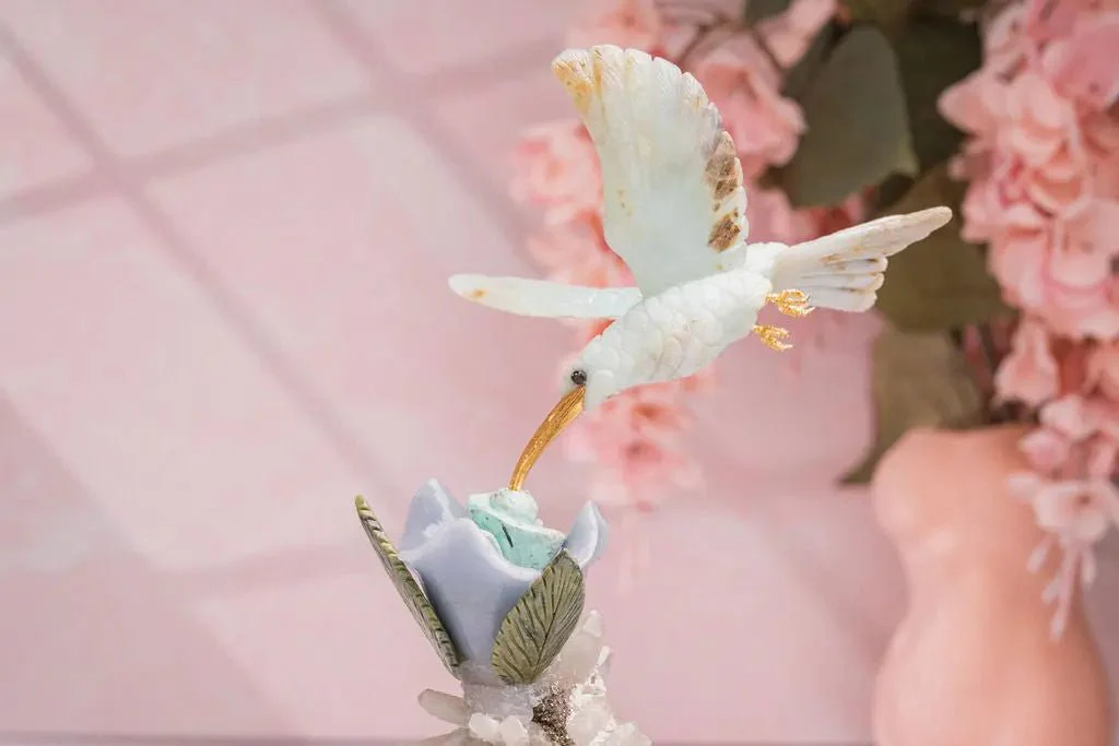 "Celestial Bloom" - Blue Andean Opal Hummingbird Sculpture on Quartz/ Pyrite Base - Image 8