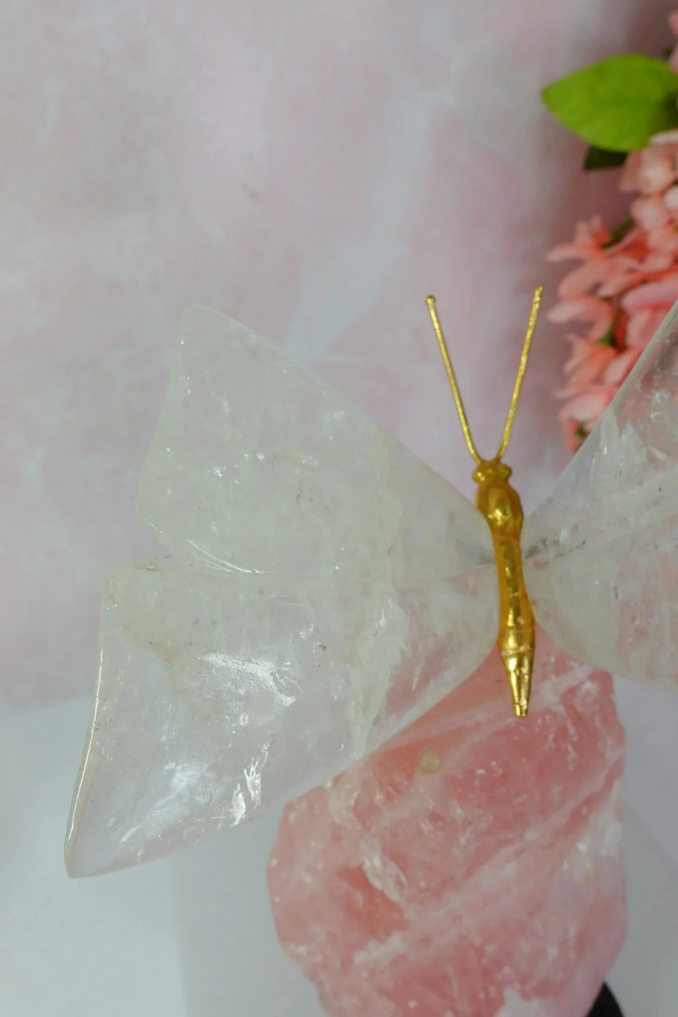 Clear Quartz Crystal Butterfly Carving On Rough Rose Quartz - Image 3