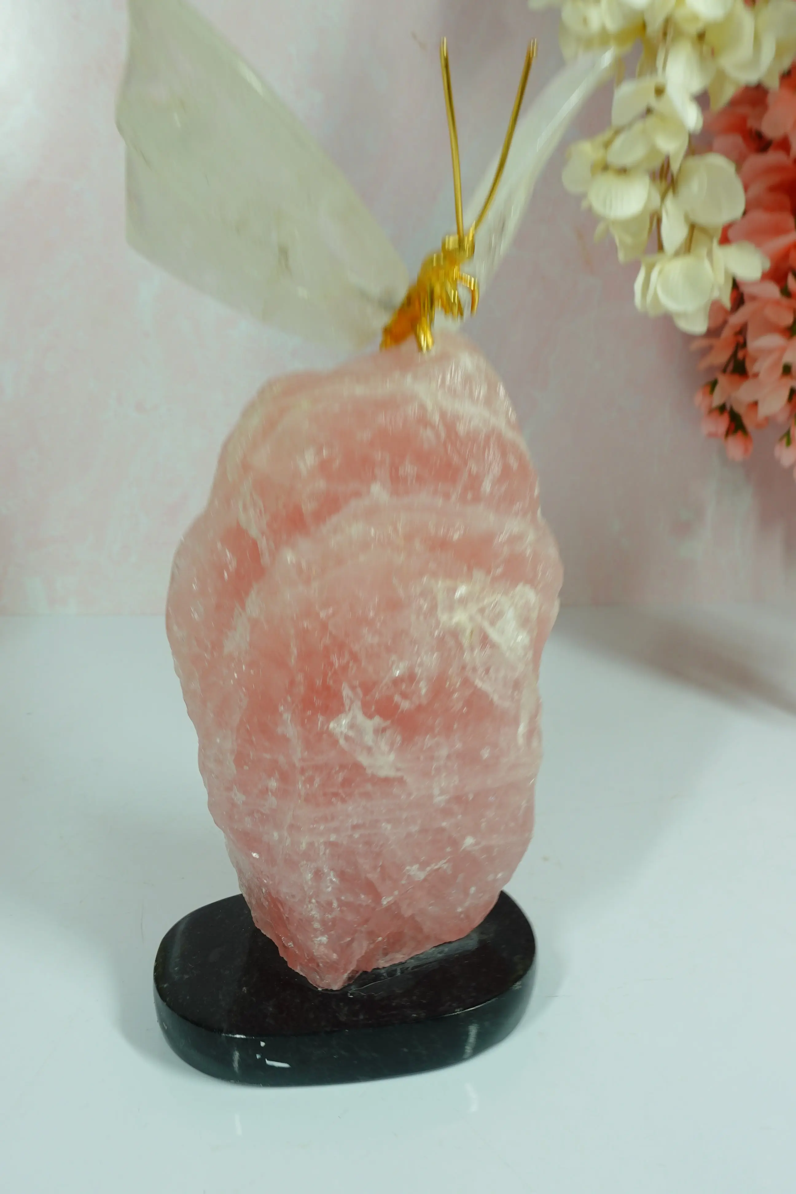 Clear Quartz Crystal Butterfly Carving On Rough Rose Quartz - Image 4