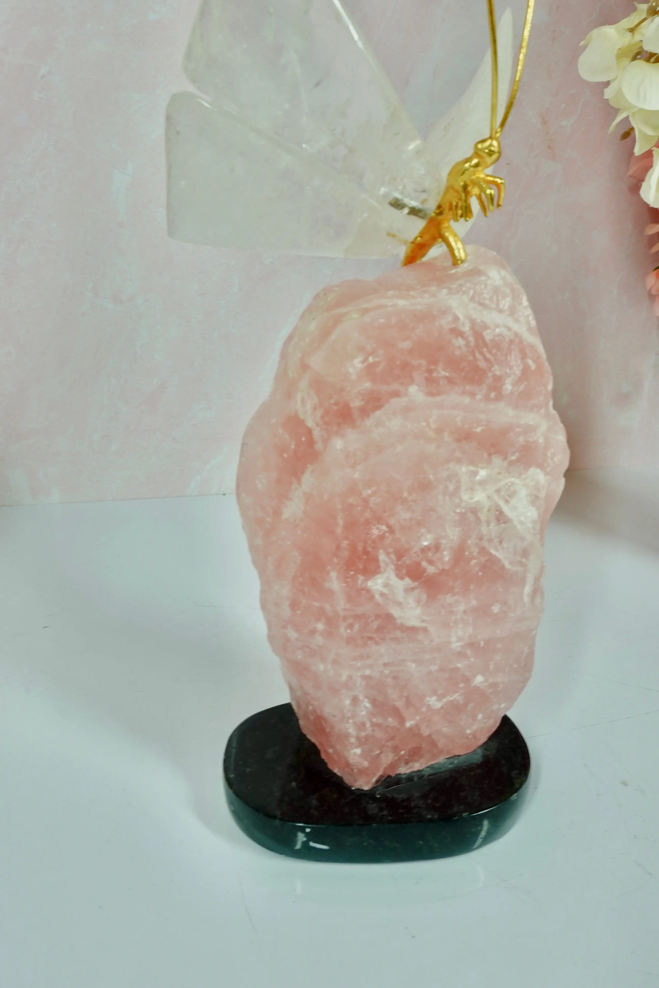 Clear Quartz Crystal Butterfly Carving On Rough Rose Quartz - Image 5