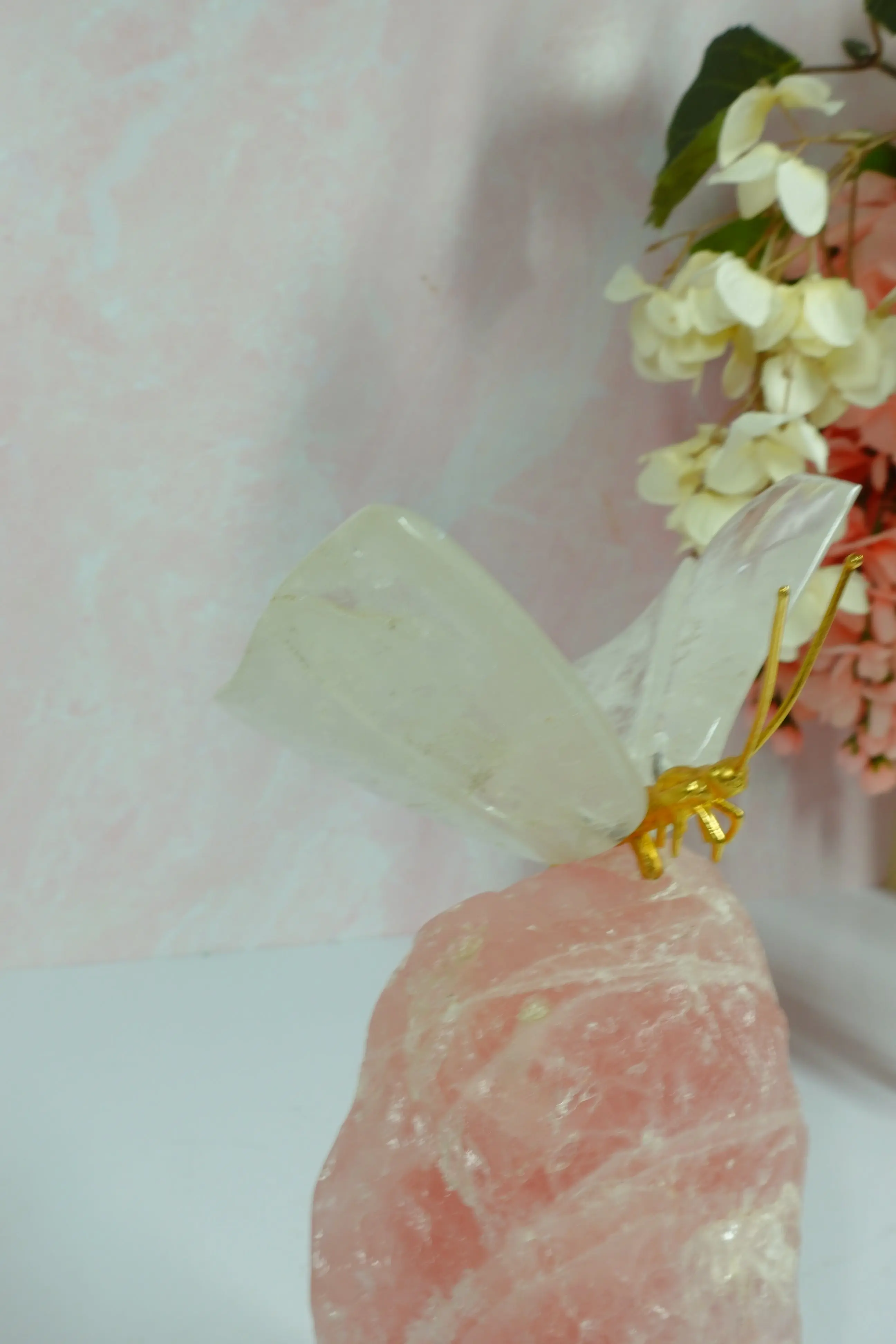 Clear Quartz Crystal Butterfly Carving On Rough Rose Quartz - Image 6