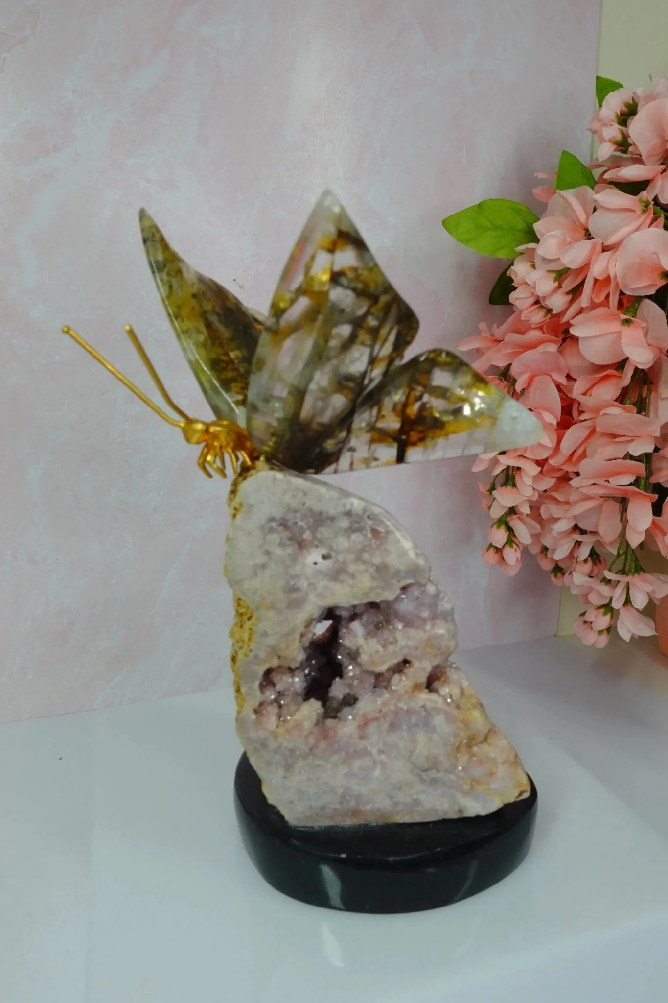 Golden Healer Crystal Butterfly on Pink Amethyst Base - Image 3