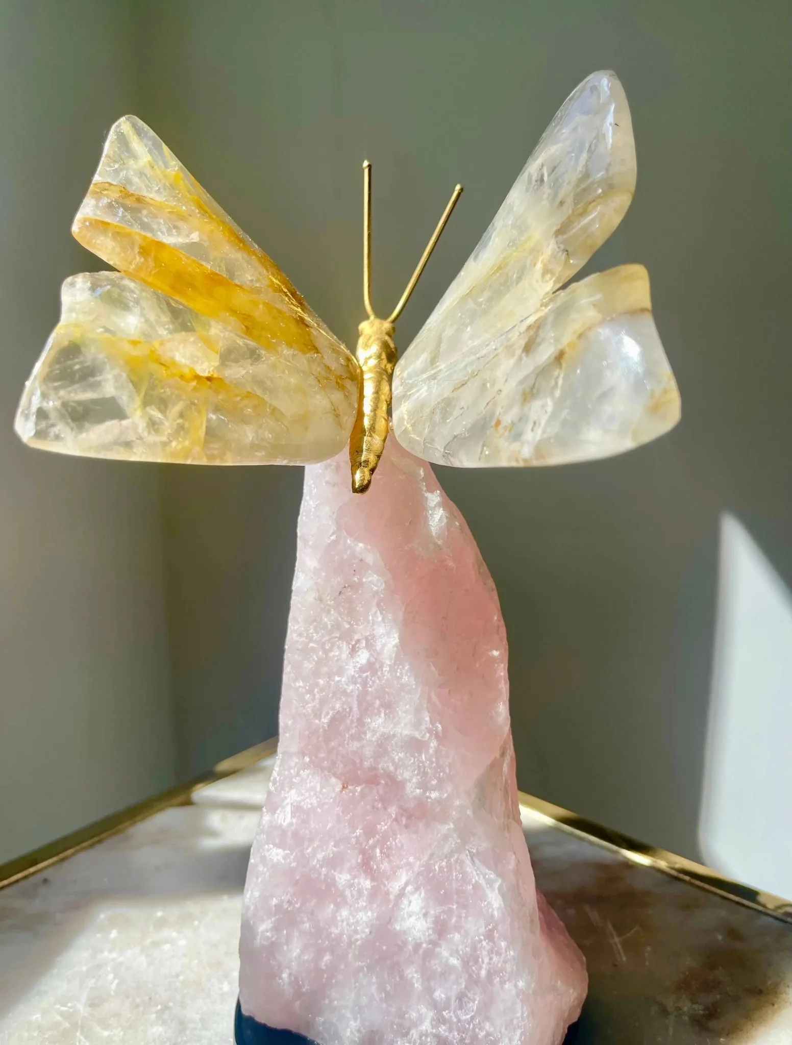 Golden Healer Quartz Crystal Butterfly Sculpture on Rose Quartz Base - Image 3