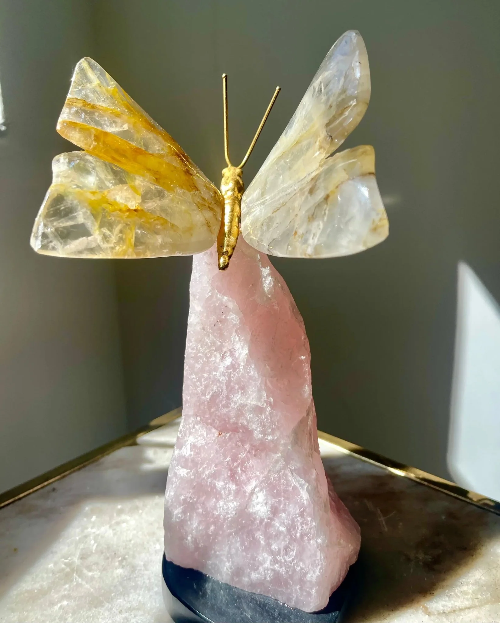 Golden Healer Quartz Crystal Butterfly Sculpture on Rose Quartz Base - Image 4