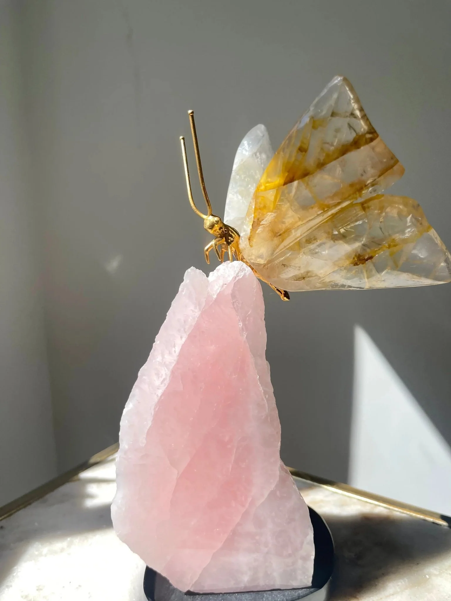 Golden Healer Quartz Crystal Butterfly Sculpture on Rose Quartz Base - Image 5