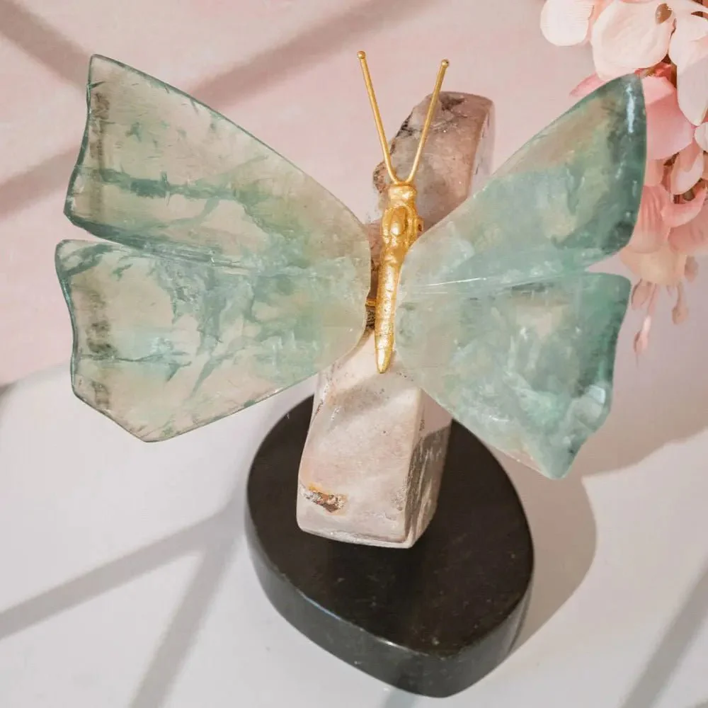 Green Fluorite Butterfly Sculpture on 360° Rotating Pink Amethyst Heart Base - Image 3