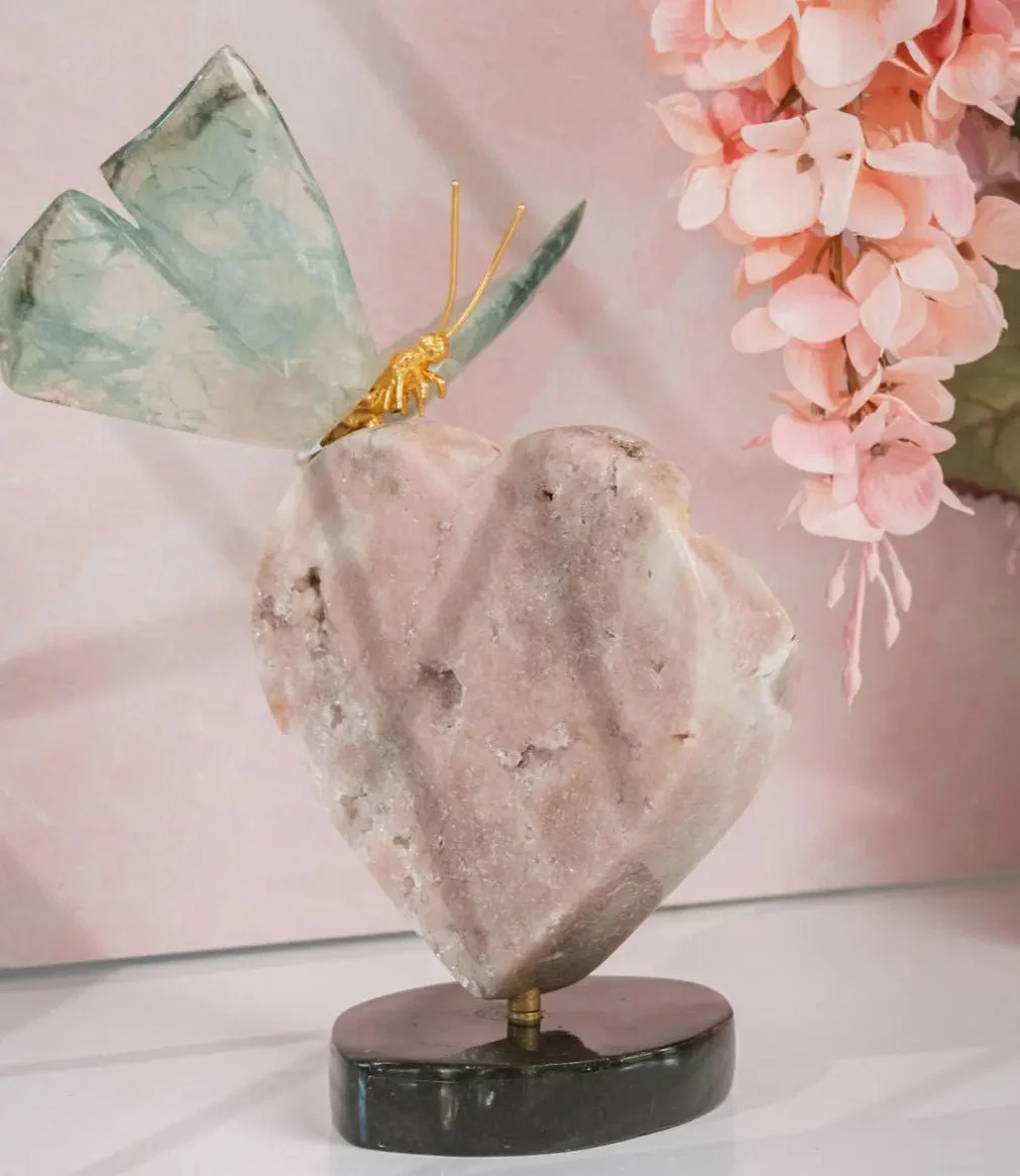 Green Fluorite Butterfly Sculpture on 360° Rotating Pink Amethyst Heart Base - Image 4