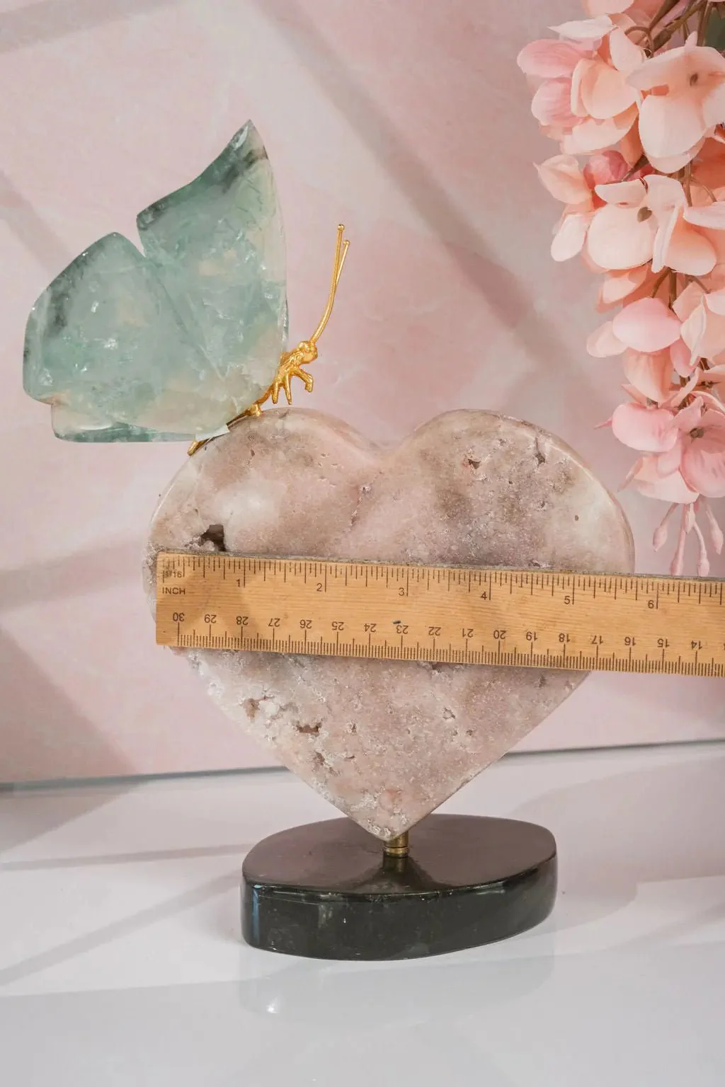 Green Fluorite Butterfly Sculpture on 360° Rotating Pink Amethyst Heart Base - Image 5