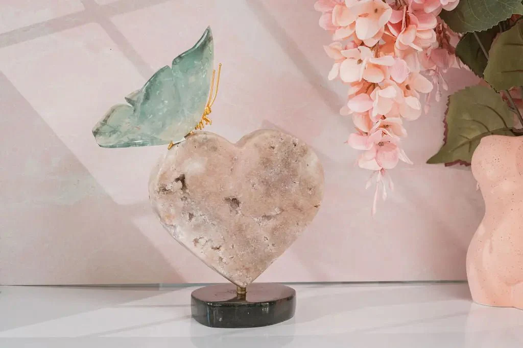 Green Fluorite Butterfly Sculpture on 360° Rotating Pink Amethyst Heart Base - Image 6