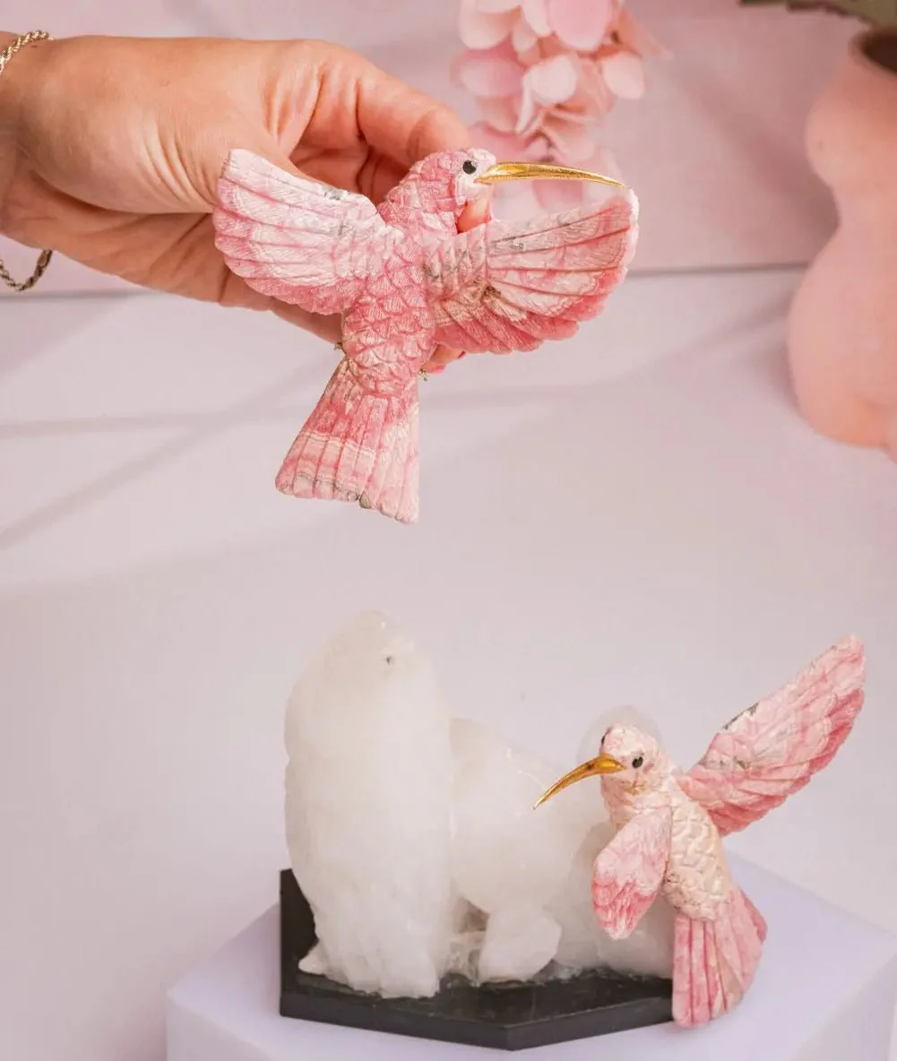 Pink Serenade: Dual Rhodochrosite Hummingbirds with Quartz Monolith - Image 3