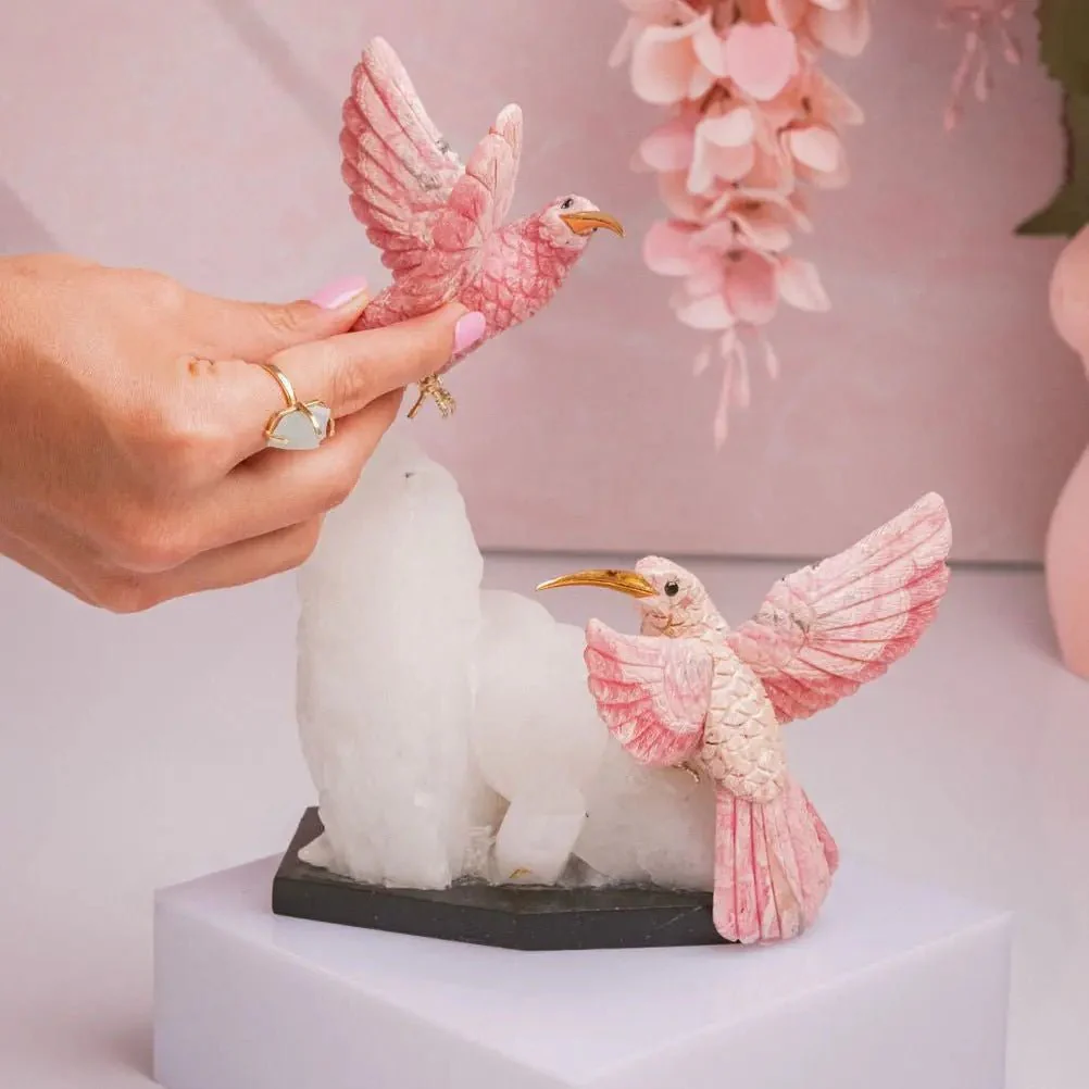 Pink Serenade: Dual Rhodochrosite Hummingbirds with Quartz Monolith - Image 4