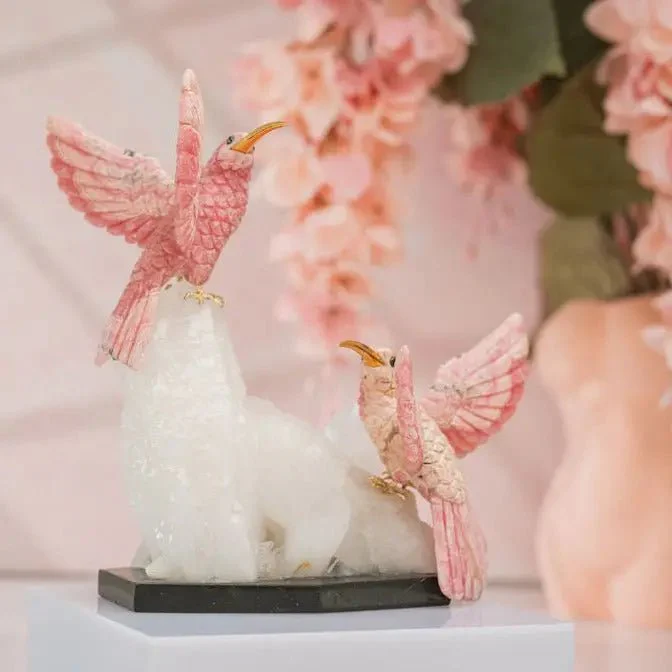 Pink Serenade: Dual Rhodochrosite Hummingbirds with Quartz Monolith - Image 5