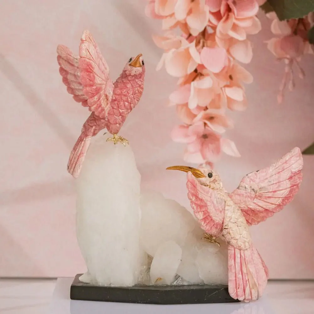 Pink Serenade: Dual Rhodochrosite Hummingbirds with Quartz Monolith - Image 6